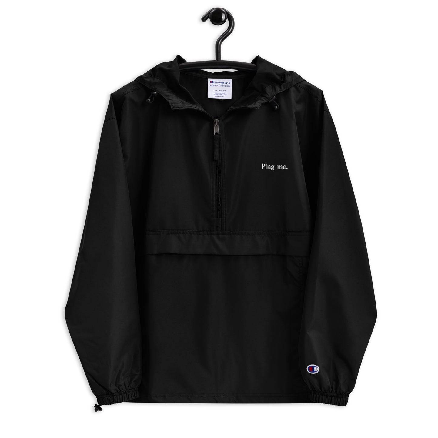 "Ping me." Premium Embroidered Champion Unisex Packable Jacket
