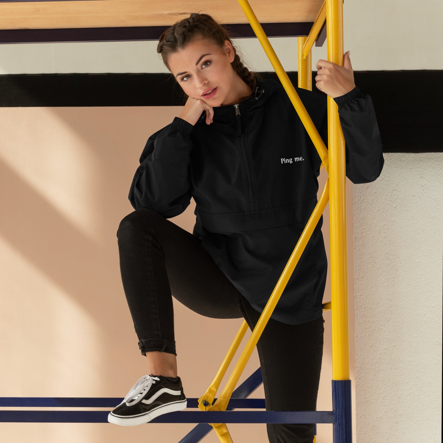 "Ping me." Premium Embroidered Champion Unisex Packable Jacket