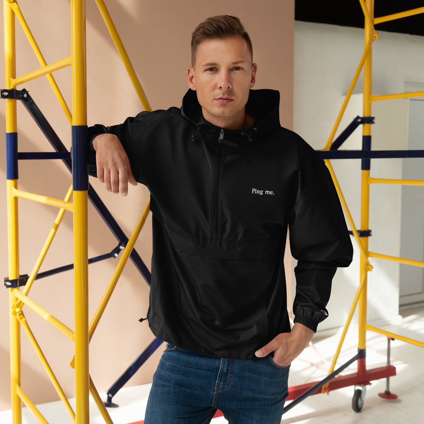 "Ping me." Premium Embroidered Champion Unisex Packable Jacket