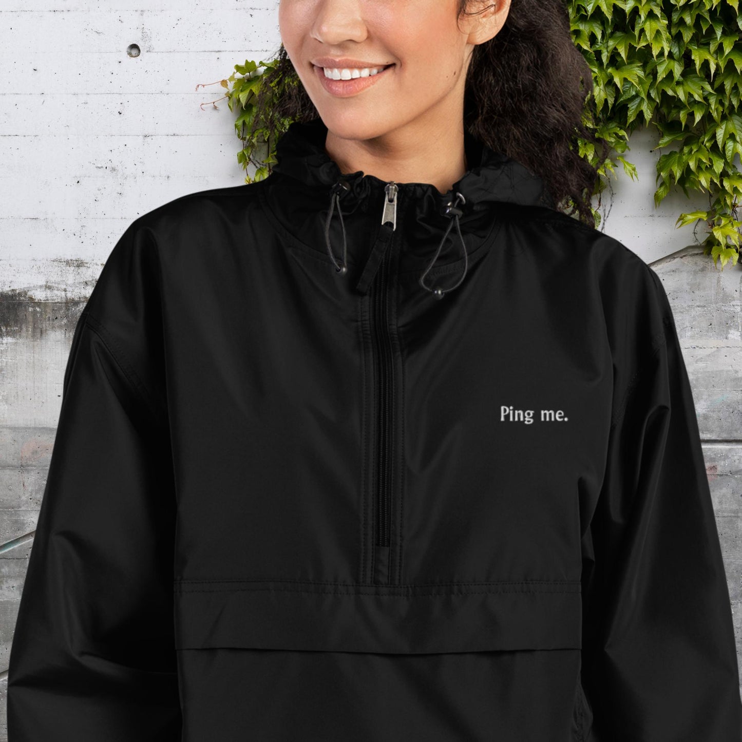 "Ping me." Premium Embroidered Champion Unisex Packable Jacket