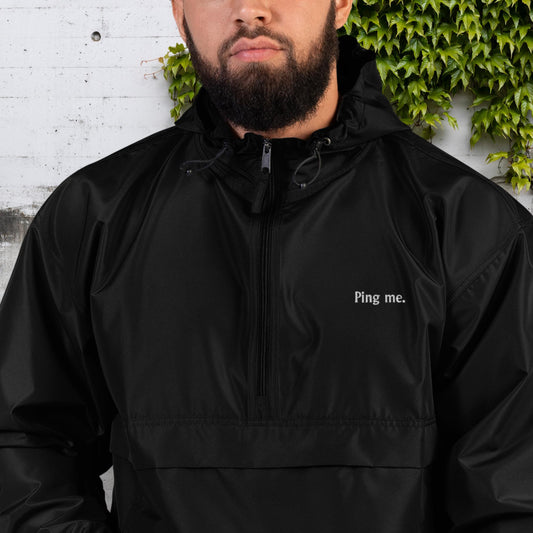 "Ping me." Premium Embroidered Champion Unisex Packable Jacket